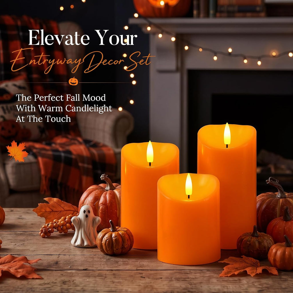 Raycare Real Wax Fall Flameless LED Pillar Candles with Timer Remote,Orange