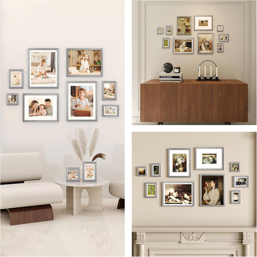 Egofine Picture Frame Set 10 Pack, Collage Wall & Tabletop Decor with Two Sizes - 12x16, 11x14, 5x7, 4x6, 4x4; Solid Wood, Plexiglass Cover, Oak Grey