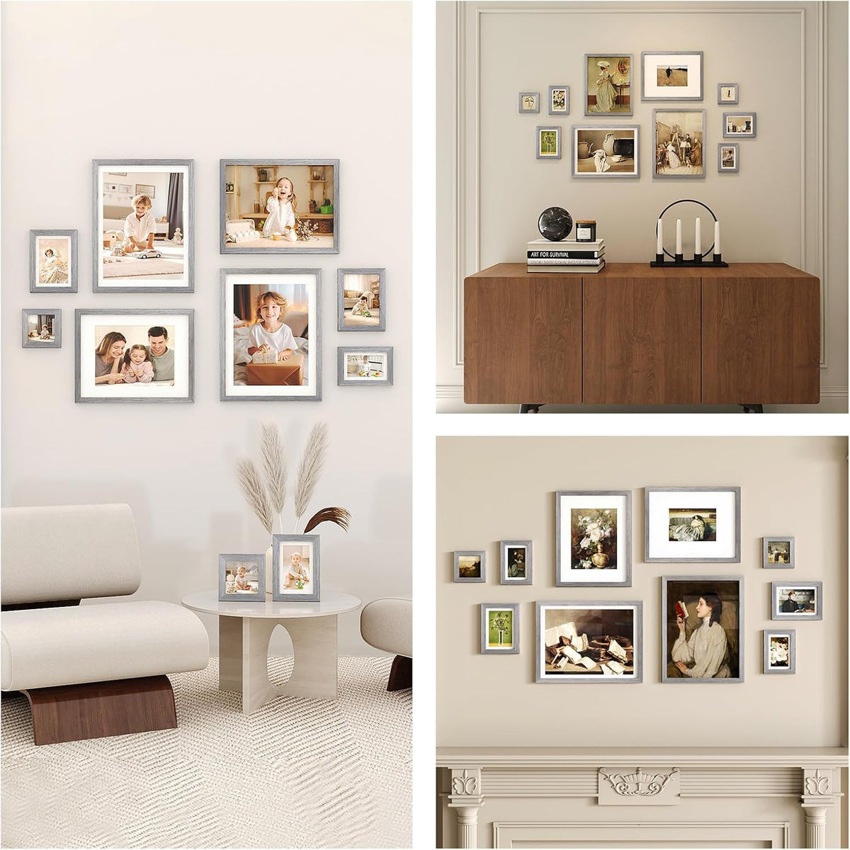 Egofine Picture Frame Set 10 Pack, Collage Wall & Tabletop Decor with Two Sizes - 12x16, 11x14, 5x7, 4x6, 4x4; Solid Wood, Plexiglass Cover, Oak Grey