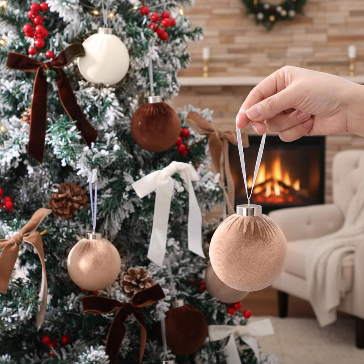 Wettarn 30 Sets Velvet Christmas Ornaments Balls & Bows, Classic Neutrals