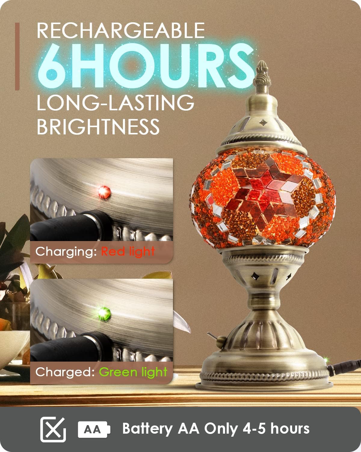 Yarra-Decor Turkish Moroccan Lamp with Bronze Base Handmade Tiffany Mosaic Glass Lamps Portable Bedside Lamps with Rechargeable Battery 2000mAh (LED Bulb Included) (Red2)