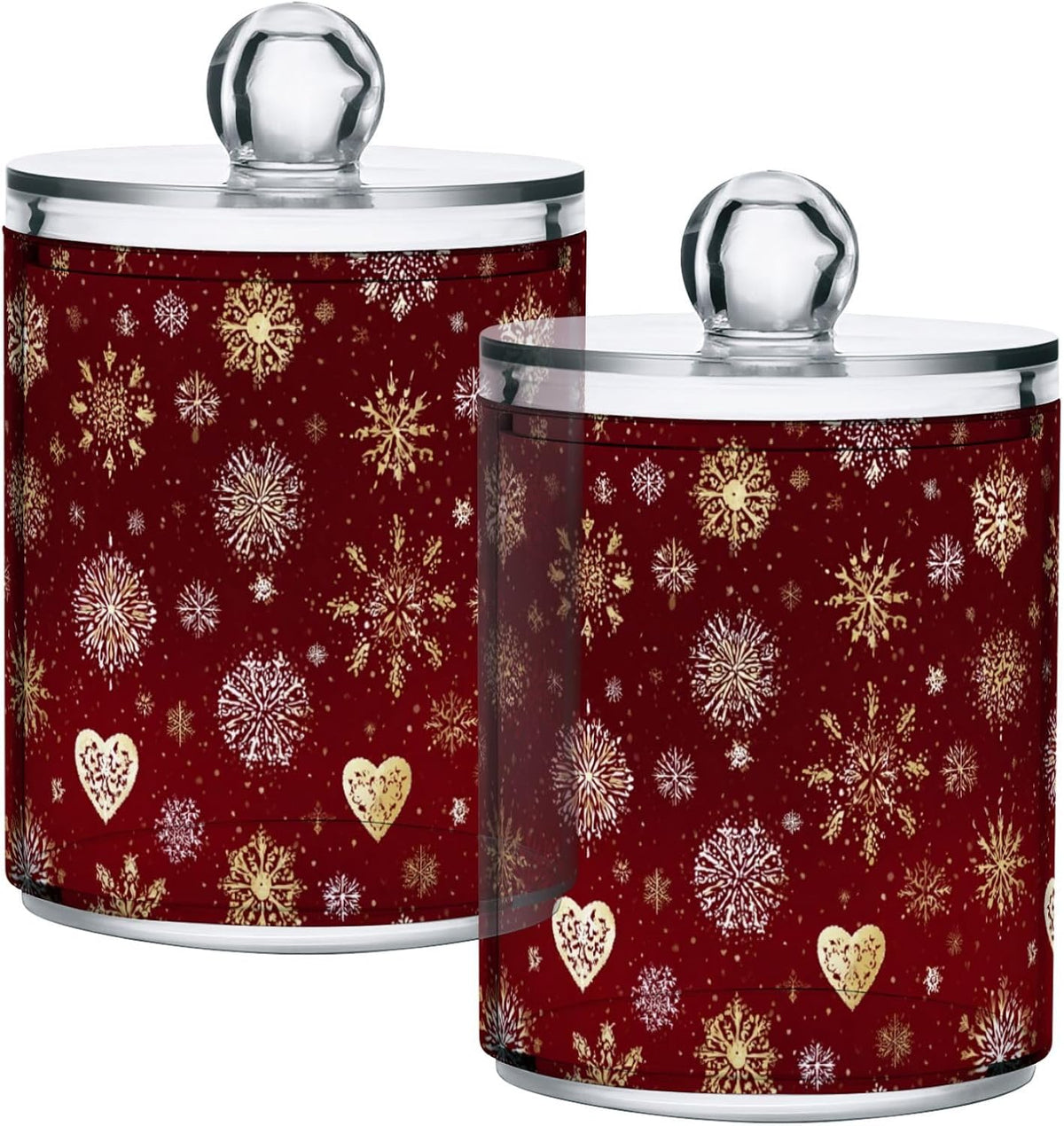 Gredecor Christmas Winter Qtip Holder Dispenser 2 Pack Gold and White Snowflakes Apothecary Jars with Lids Bathroom Vanity Countertop Canister Storage Organizer for Cotton Ball,Swabs,Pads,Floss