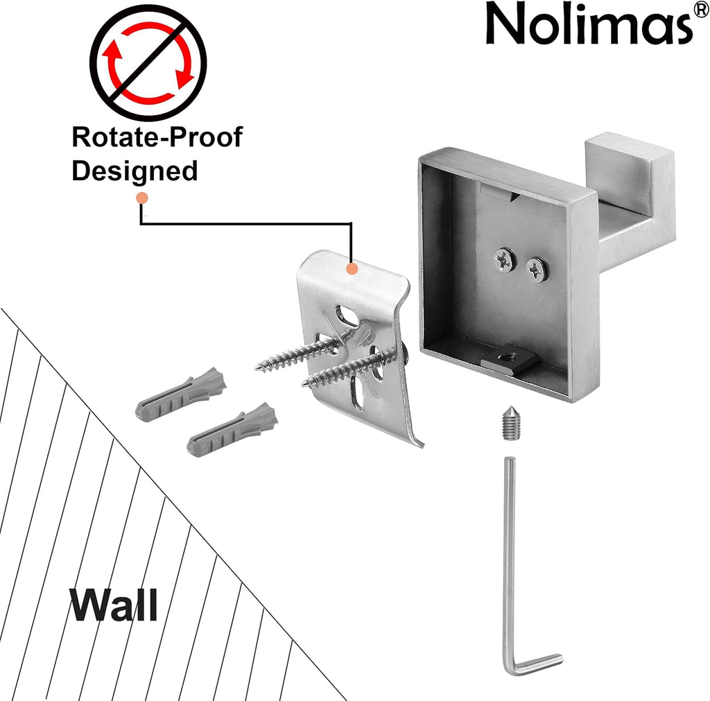 Nolimas Towel Hook Stainless Steel Bathroom Rustproof Clothes Towel Coat Hook Wall Mounted Square Toilet Kitchen, Heavy Duty Door Hanger, 2 Pack, Brushed Nickel