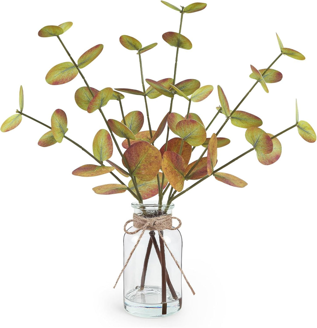 Bessol Artificial Eucalyptus Stems in Glass Vase with Faux Water, 13.5" Fake Plants for Home Decor, Coffee Table Centerpieces, Office, Bathroom & Farmhouse - Fall Dark Faux Plants Decorations