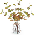 Bessol Artificial Eucalyptus Stems in Glass Vase with Faux Water, 13.5" Fake Plants for Home Decor, Coffee Table Centerpieces, Office, Bathroom & Farmhouse - Fall Dark Faux Plants Decorations