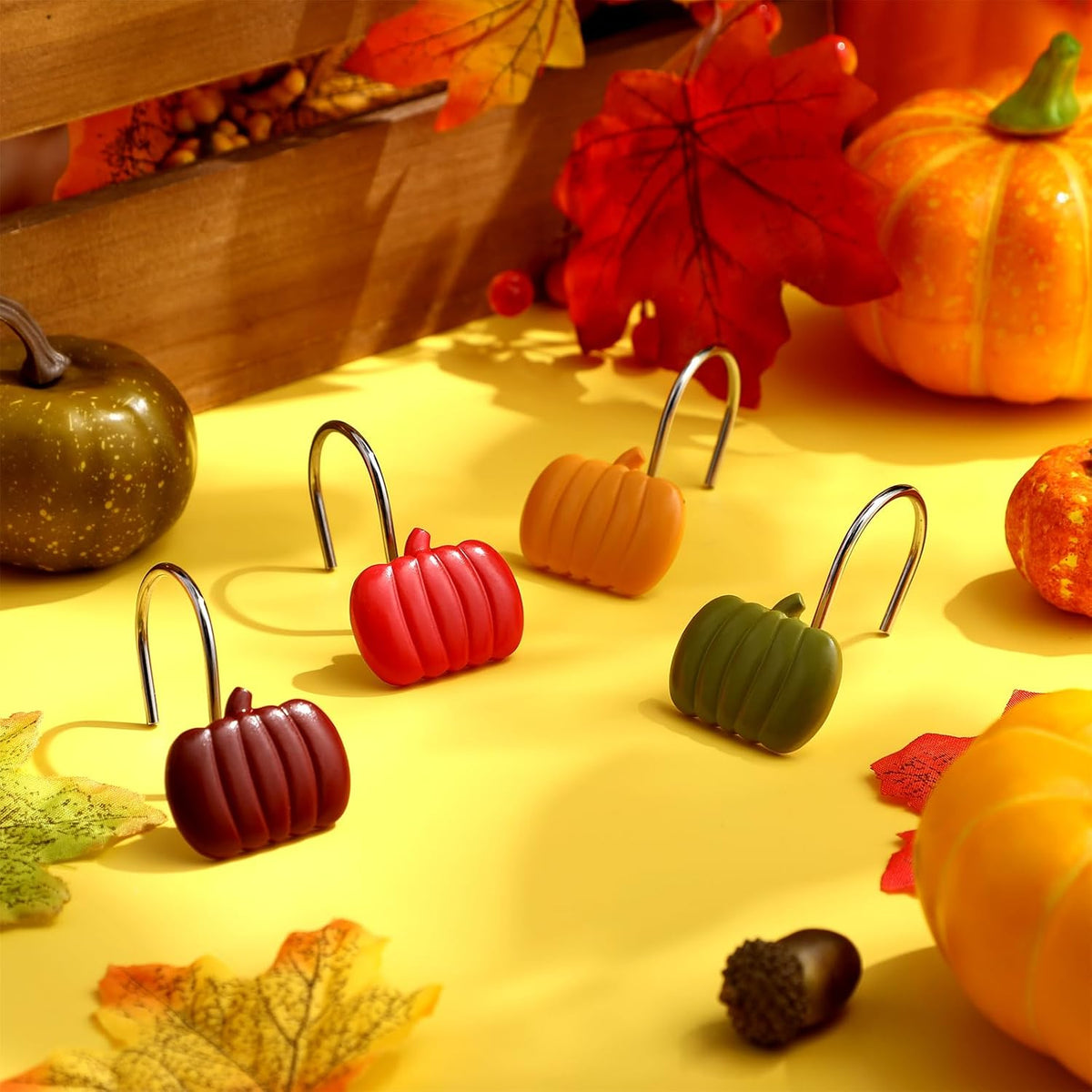 Yungyan 12 Pcs Fall Shower Curtain Hooks, Pumpkin Shower Hangers