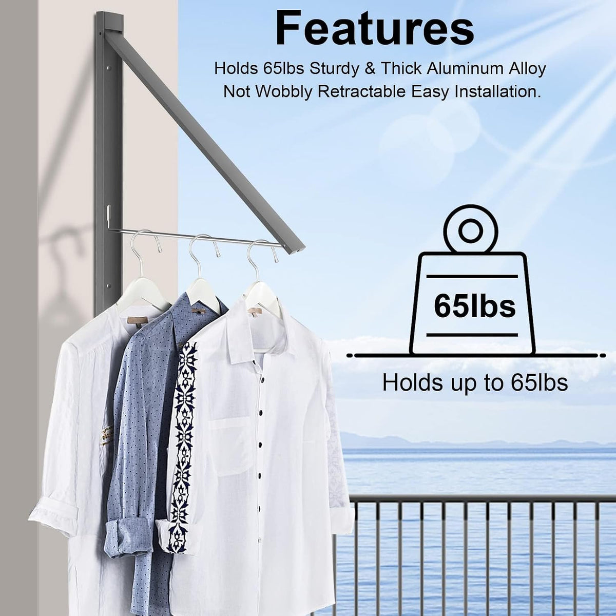 Foldable Wall Mount Drying Rack, 65lb, Space Saving Gray
