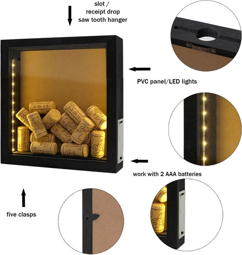 10"x10" Shadow Box Frame with Lights, Black Wood Memory Display Case with Slot for Wine Corks, Tickets, Photos, Wedding Keepsakes, DIY Crafts, Wall Decor
