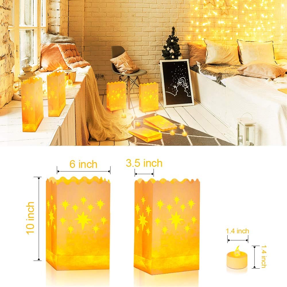 AceList 50 Set LED Candles with Luminaries Bags,Paper Luminary Bags Flickering Tea Light Battery Operated for Wedding Party,Halloween,Christmas,Decoration- Meteor