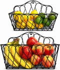Farmhouse Hanging Wall Storage Baskets Set of 2, Metal Wire Wall-Mounted Basket Organizer for Fruits, Vegetables, Flowers, Kitchen, Pantry, Bathroom, Entryway, Rustic Home Decor
