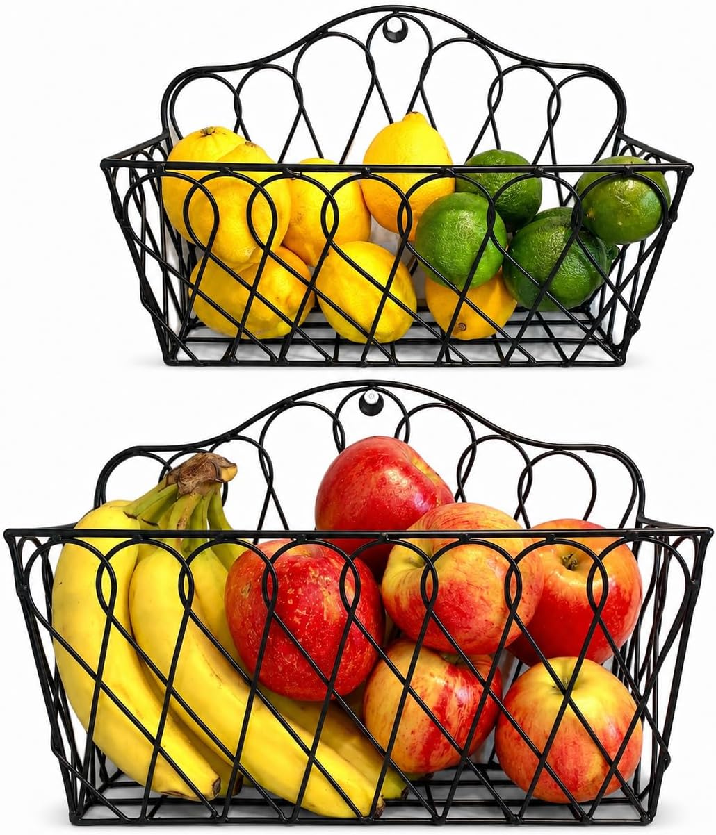 Farmhouse Hanging Wall Storage Baskets Set of 2, Metal Wire Wall-Mounted Basket Organizer for Fruits, Vegetables, Flowers, Kitchen, Pantry, Bathroom, Entryway, Rustic Home Decor