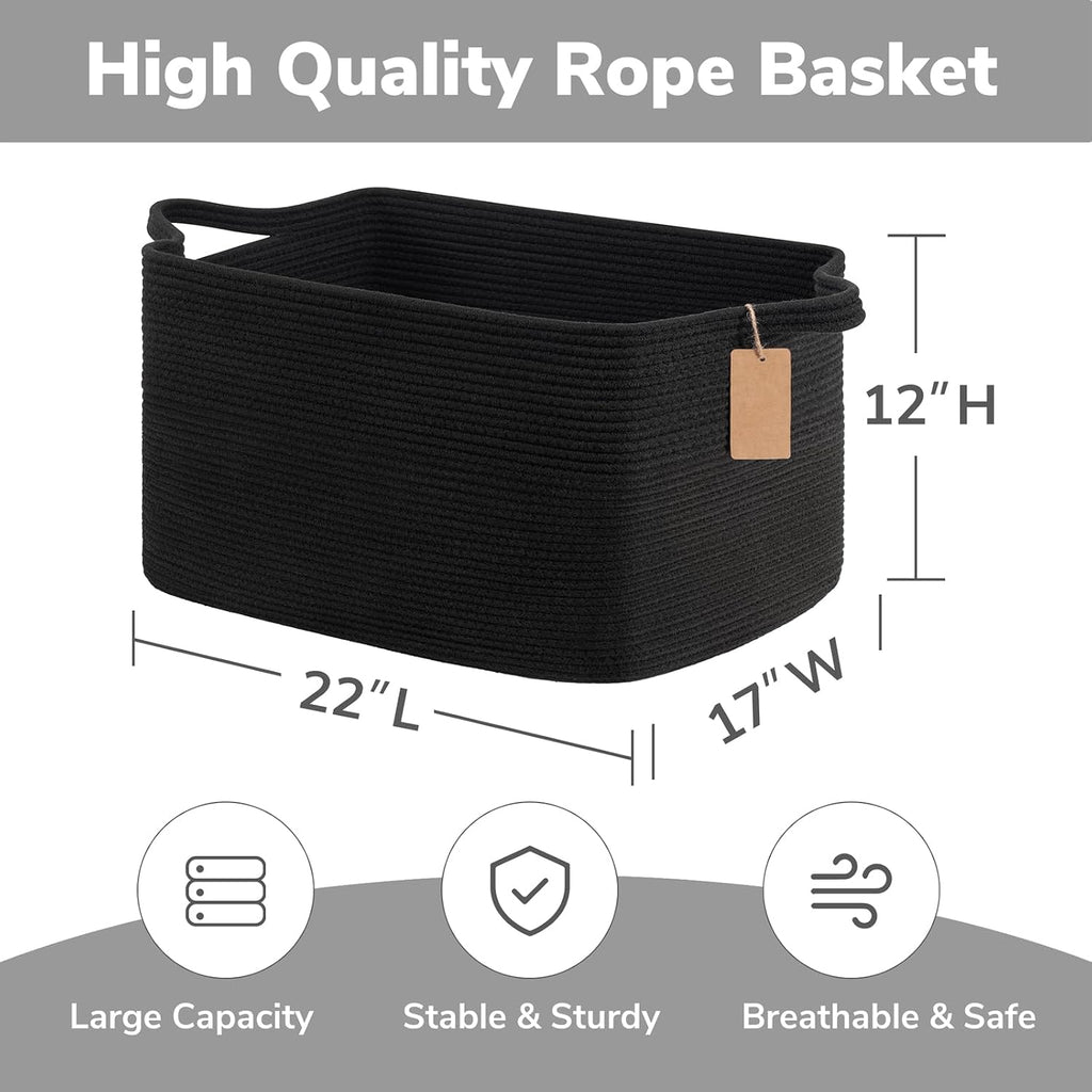 Goodpick 75L Extra Large Woven Rope Blanket Basket, Rectangle, Black