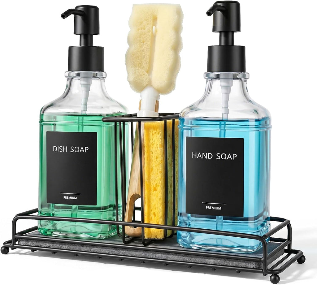 Kitchen Soap Dispenser Set, Hand and Dish Soap Dispenser Set with Sponge Holder, Dish Soap Dispenser with Instant Dry Tray for Kitchen, 17 fl oz Clear Glass Soap Dispenser with Pump