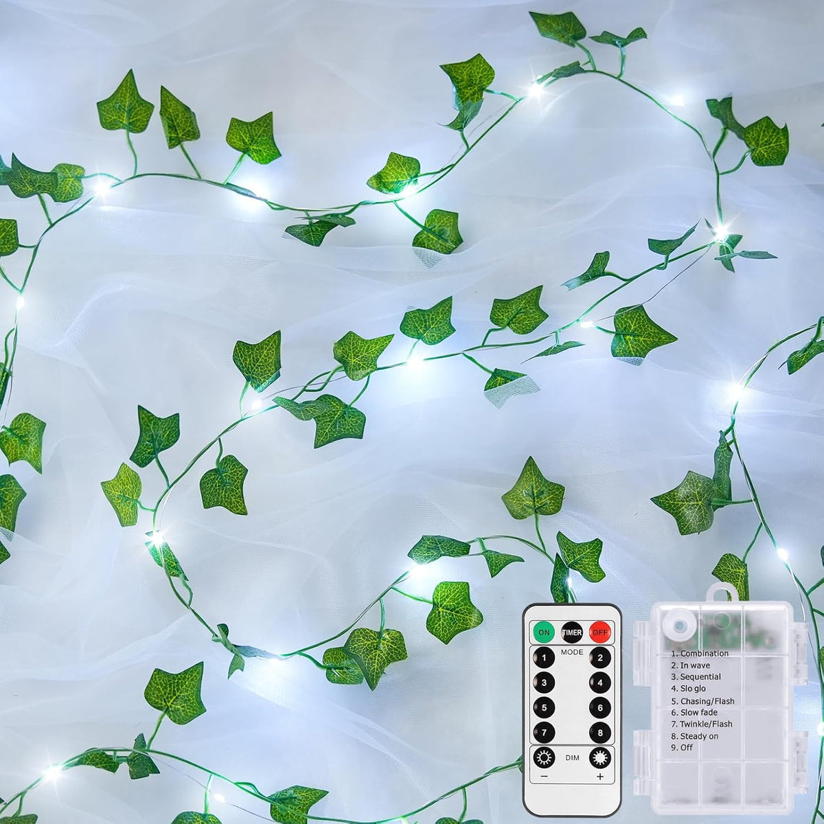 JMEXSUSS 33Ft Vines with Lights Battery Operated, 100 LED, White