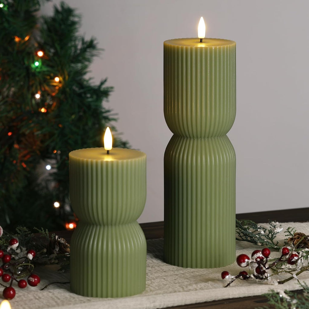 Olive Green Ribbed Flameless Pillar Candles with Remote Set of 2