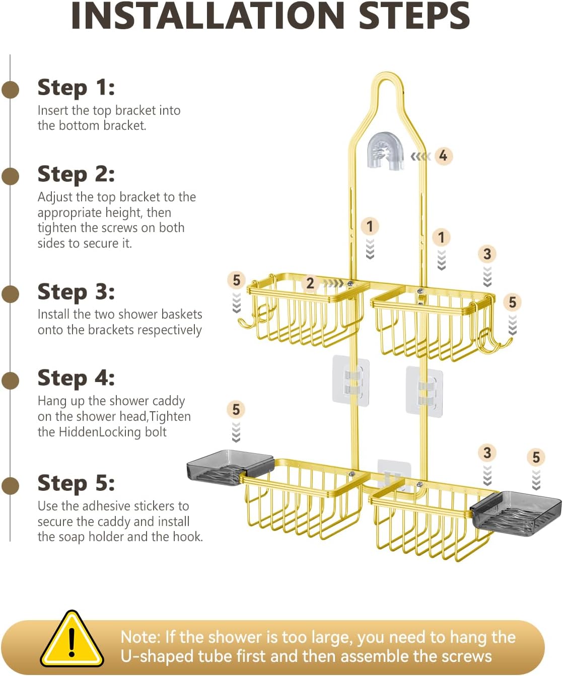 Adjustable Shower Caddy Hanging - Never Rust Shower Organizer Hanging, Aluminum Shower Racks for Inside Shower - Bathroom Organizers and Storage with 2 Soap Holders and 2 Removable Hooks Gold