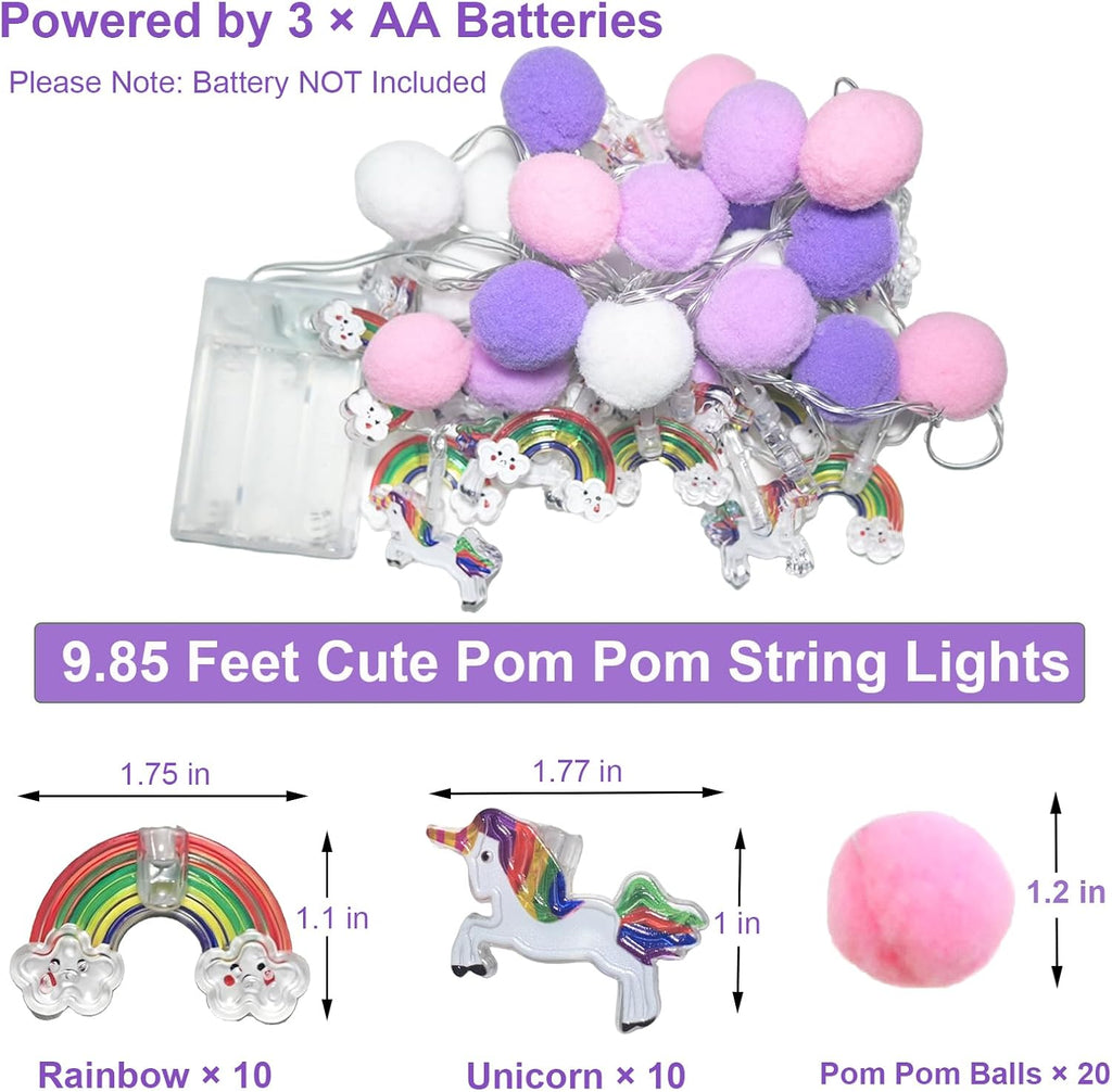 ChiRee Purple Pom Poms with Unicorn and Rainbow String Lights