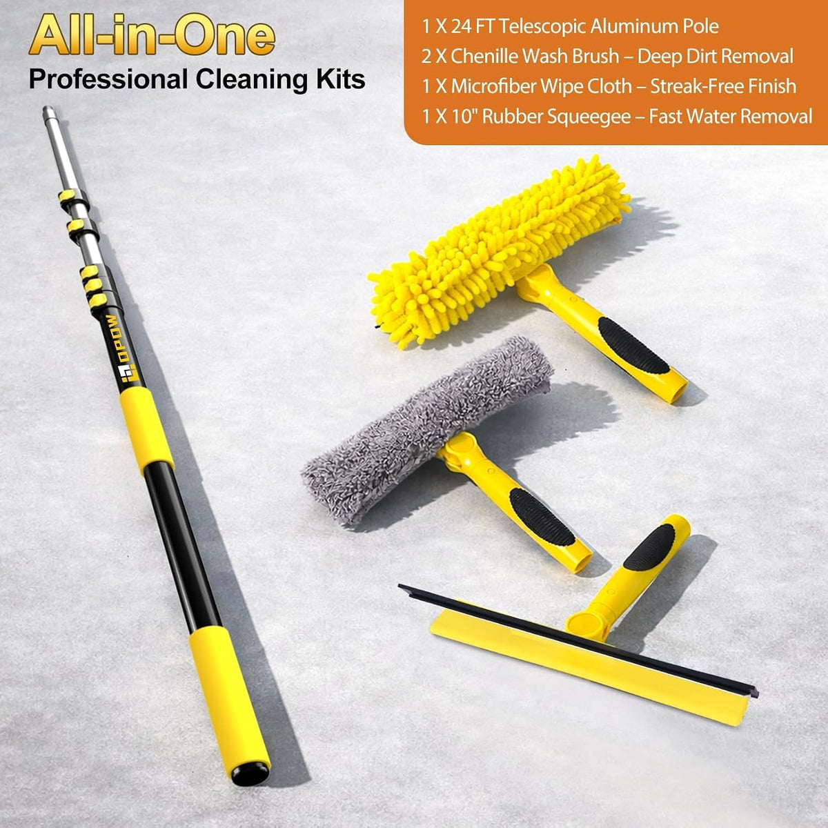 30 Feet High Reach Squeegee Window Cleaner Kit with 5-24Ft Extension Pole