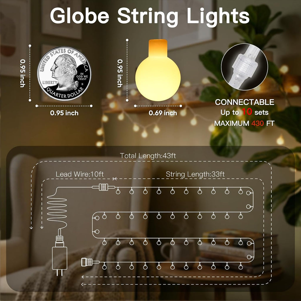 suddus Globe String Lights Indoor, 43 FT 100 Led Fairy Lights Plug in