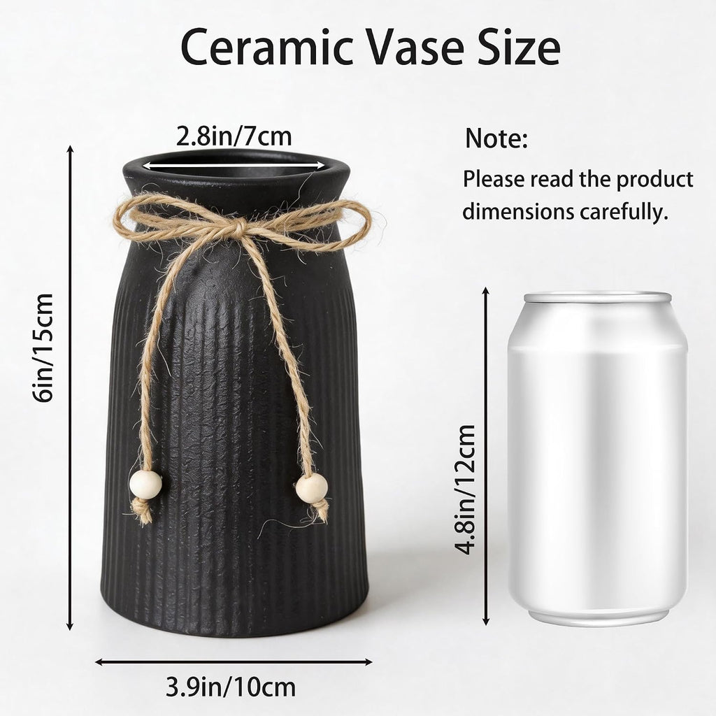 Small Ceramic Vase for Home Decor, 6" Farmhouse Ribbed Vase with Twine Bow, Black Decorative Flower Vase for Pampas Grass, Rustic Boho Vase for Table, Shelf, Living Room, Office
