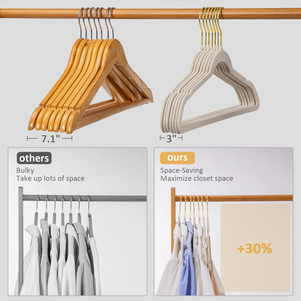 Heavy Duty Velvet Hangers 30 Pack - Non-Slip, Space-Saving Clothes Hangers for Coat/Suit with 360° Rotating Gold Hooks, Durable Premium Felt Hanger for Closet Organization- Ivory