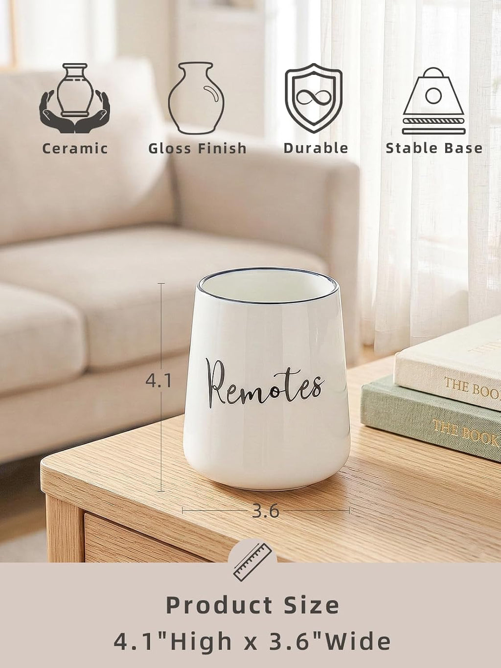 LEETOYI Ceramic Remote Control Holder, 4.1" Remote Caddy Storage (White)