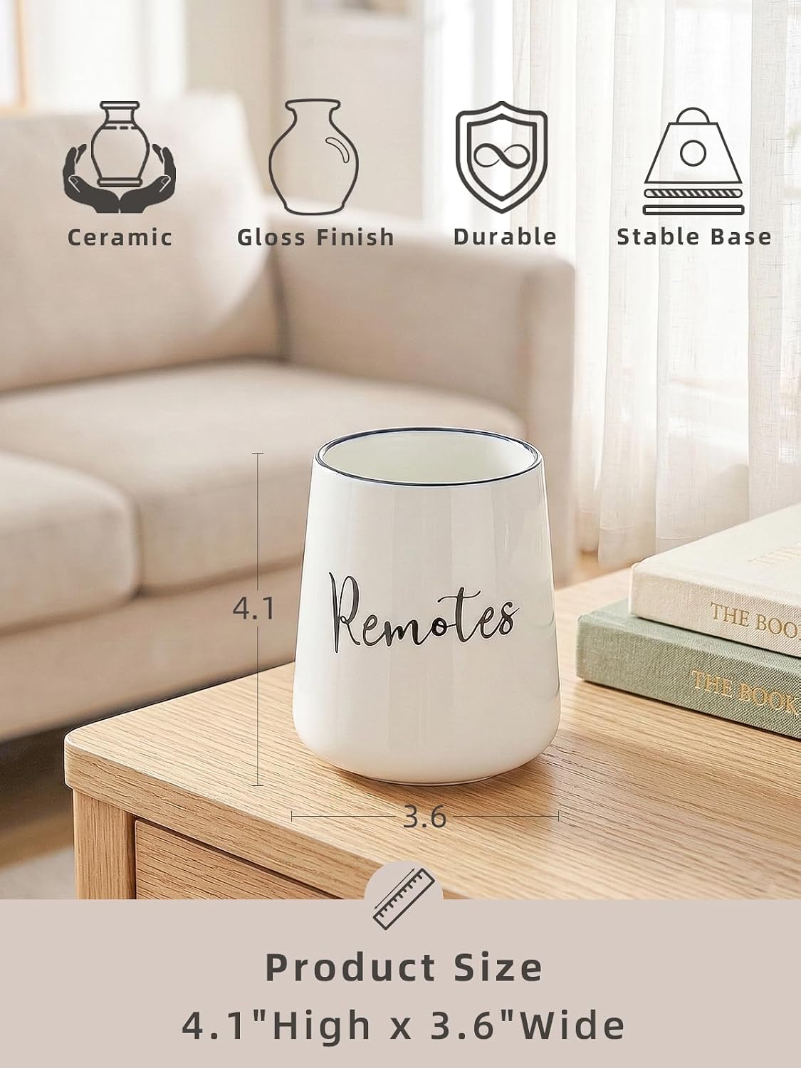 LEETOYI Ceramic Remote Control Holder, 4.1" Remote Caddy Storage (White)