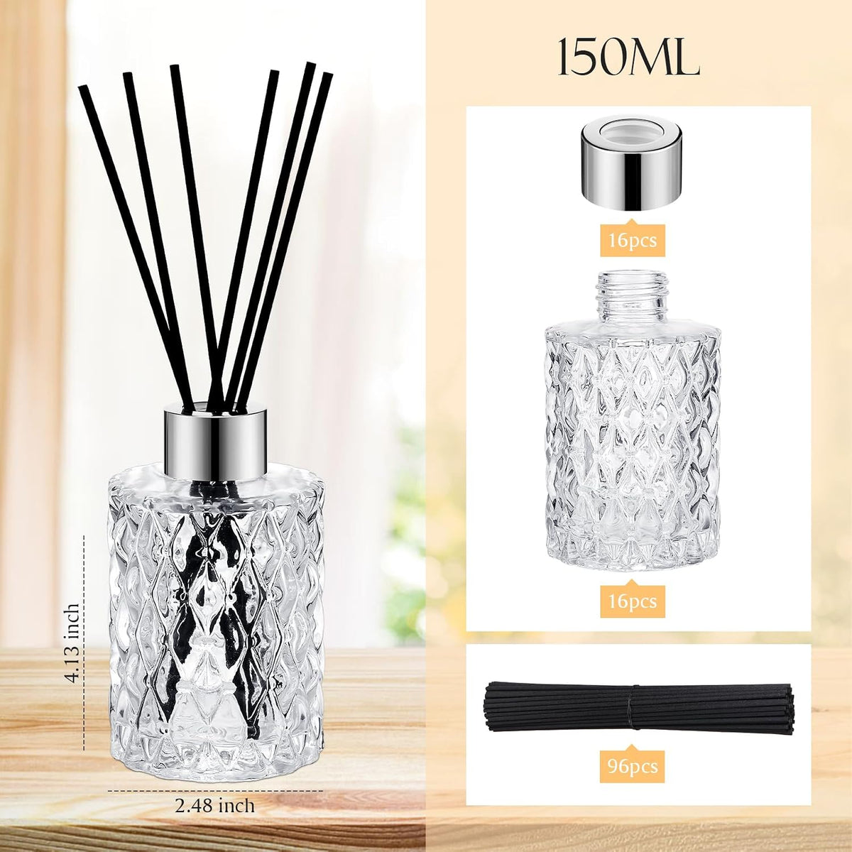 Norme 6 Pack Empty Reed Diffuser Bottles with Caps Rattan Sticks, Silver
