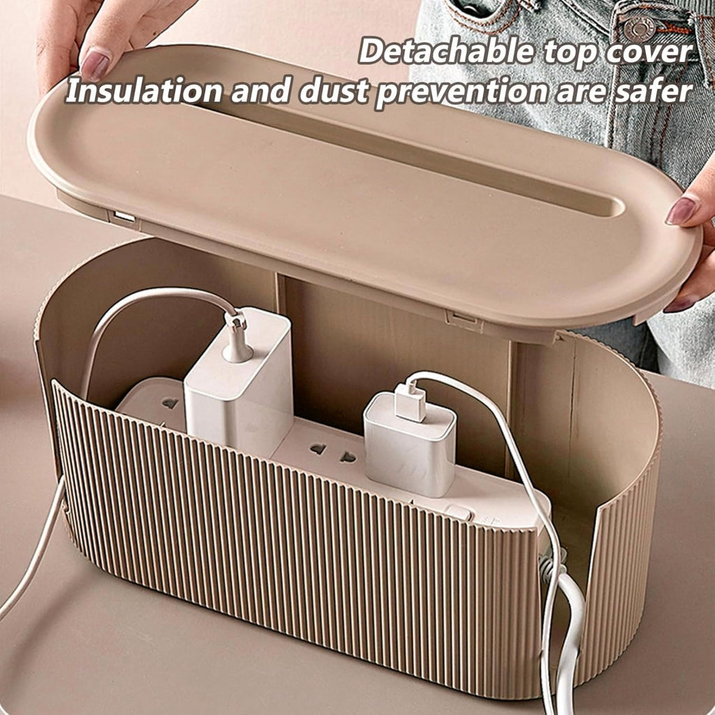 Cable Management Box,Desk Cord Organizer with Groove Cover,Plastic Cord Hider Box,Large Cable Box Organizer,Power Socket Management for TV/Computer/Router/Games Console Cable Storage (Milk Tea)