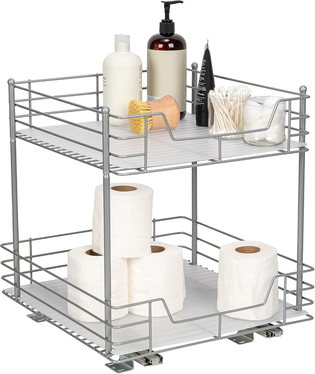 Household Essentials Brushed Steel & Plastic Two-Tier Pantry Organizer, Silver