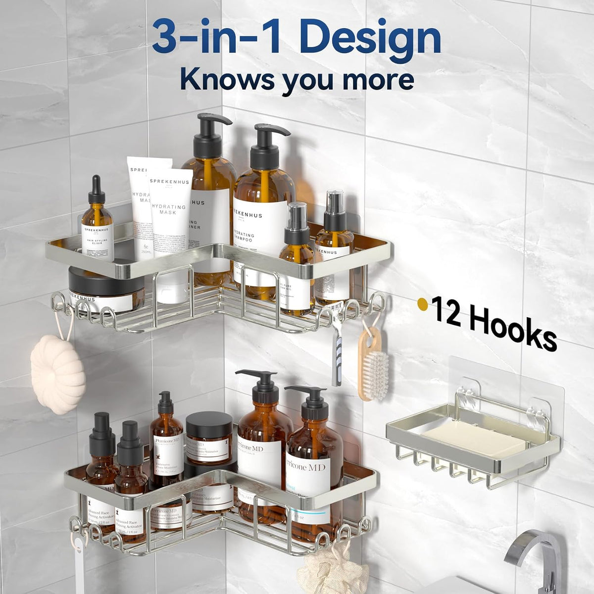 YASONIC Corner Shower Caddy, 3-Pack Adhesive Shower Caddy with Soap Holder and 12 Hooks, Rustproof Stainless Steel Bathroom Organizer, No Drilling Wall Mounted Shower Rack, Nickel