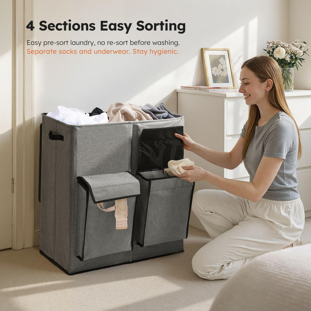 SOLEDI 180L Double Laundry Hamper with Lid and 2 Side Pockets, Dual Hamper