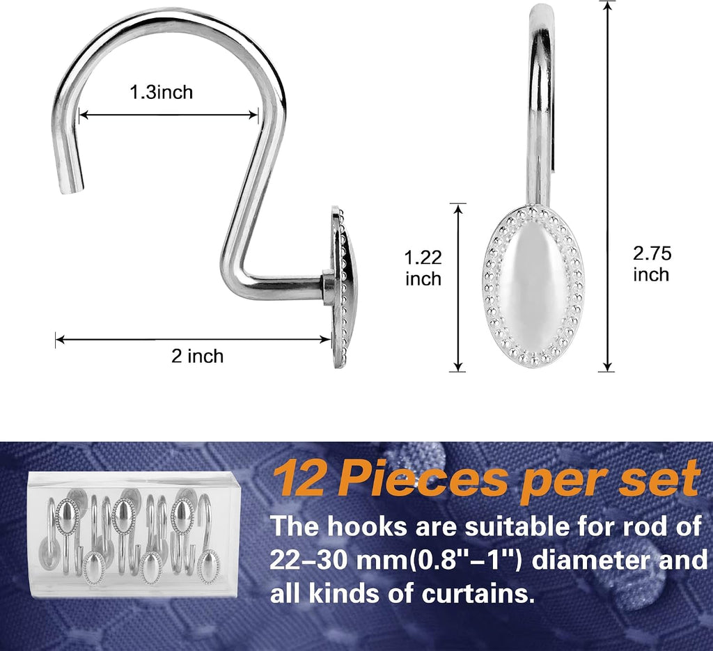Chrome Shower Curtain Hooks, Anti-Rust Zinc Alloy Bathroom Rings