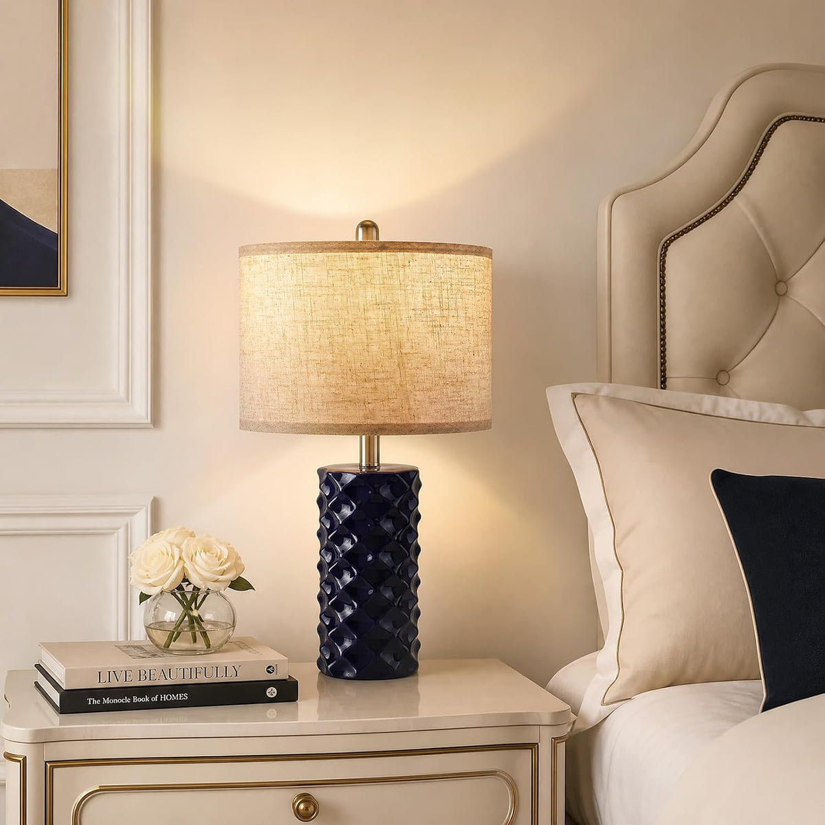 Star Diamond Ceramic Table Lamps Set of 2 - Dark Blue Nightstand Lamps 23"