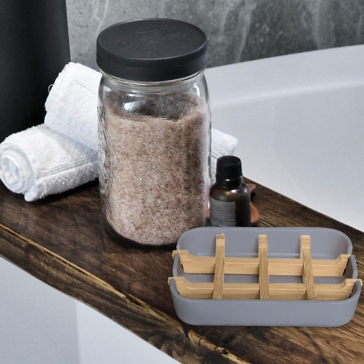 Aoheuo Modern Bamboo Fiber soap Holder and soap Dish Combination (Removable),5.12 Long by 3 Wide, 0.98 inches high, Used in Kitchens, bathrooms, and bar Sinks (Gray(2 Pack))