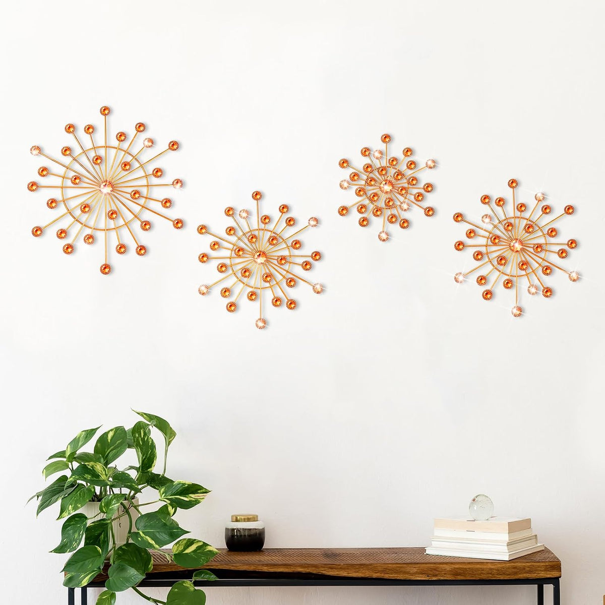 Blulu 4 Pcs Metal Wall Art Starburst Decor with 3D Rhinestone, Orange