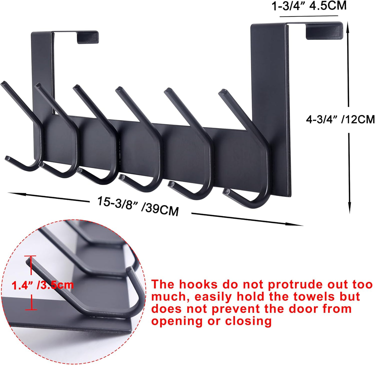 SKOLOO Over The Door Hook - for Doors up to 1-3/4'' Thickness, Black, No Assembly Required, Stainless Steel, Door Coat Rack for Entryway & Bathroom Hanging Coats, Backpack, Robes, Towels, Pack of 2