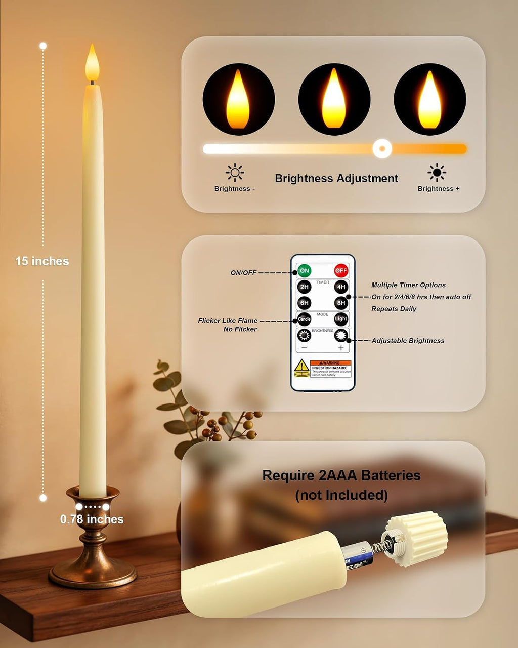 Homemory 15 inches Real Wax Flameless Taper Candles with Remote Timer, 2 Pcs Ivory LED Taper Candles Battery Operated with 3D Flickering Flame, Window Candle Led Candlesticks for Dinners Home Decor
