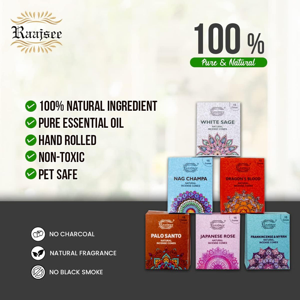 Raajsee Natural Incense Cones,6 Pack Mixed Scents Gift Pack 15 pc Each (90 Total), Insense Cones Variety Pack, 100% Organic Non Toxic Natural - Hand Rolled Free from Chemicals (Pack 1)