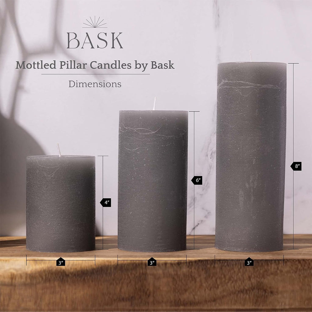 BASK Mottled Unscented Cool Grey Pillar Candles Set of 3 - Dripless Large Smokeless Pillar Candles for All Occasions