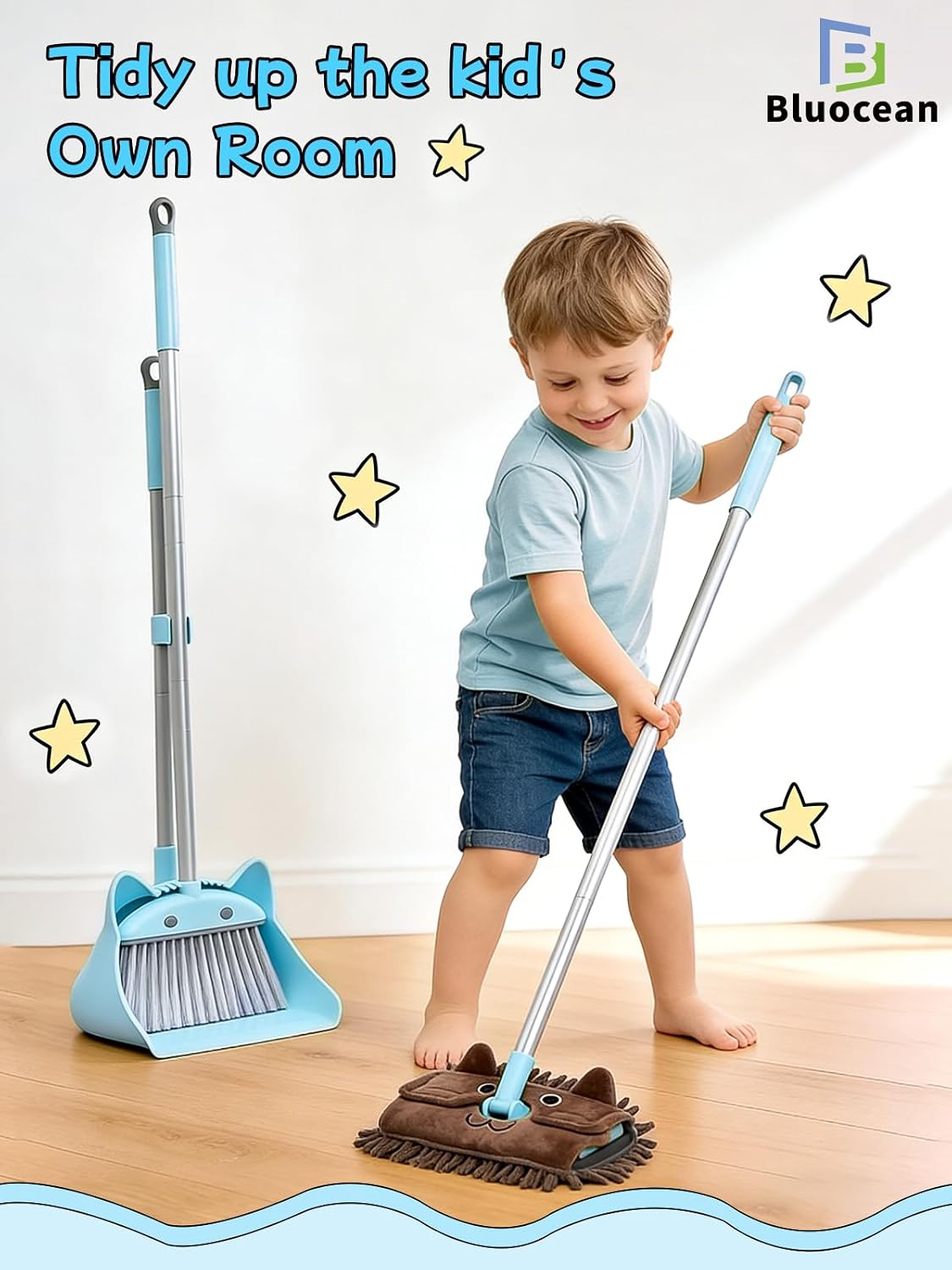 Toddler Cleaning Toy Set -28'' Kids Mini Broom with Dustpan & Mop, Toddler Household Helper, Parent-Child Interactive Play Cleaning Tool, Cute Cartoon Design, Small Safe Corner Broom (Blue)