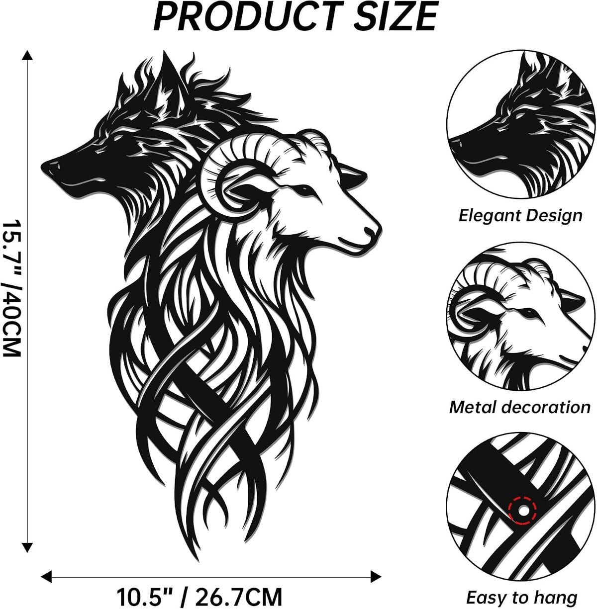 Wolf & Ram Interwoven Metal Wall Art, Black Rustic Dual Wildlife Home Decor
