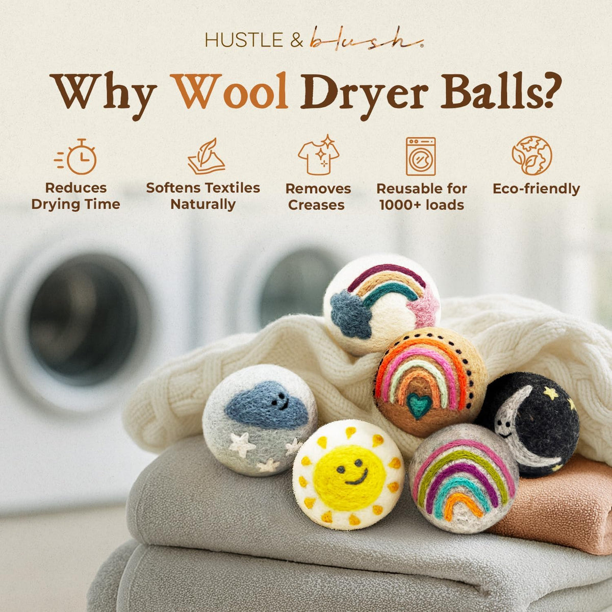 Fluff Ewes Wool Dryer Balls 6 Pack, Rainbow or Shine, XL