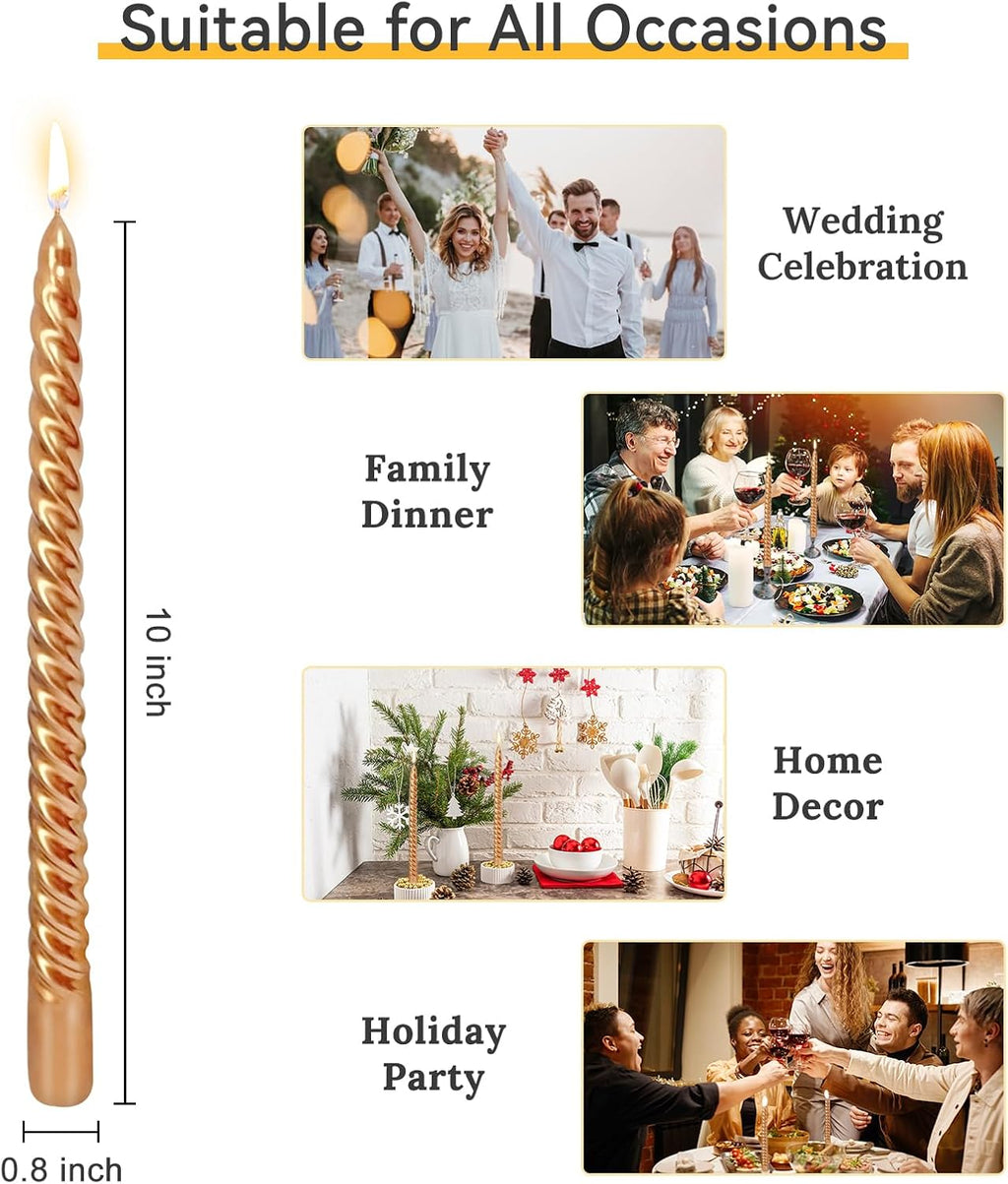 10 Inch Bronze Spiral Taper Candles Set for Holiday Decor, 12 Pack Unscented Twisted Candlesticks, Dripelss Thin Tapered Candles for Wedding Dinner Parties Galas Award Ceremonies Religious