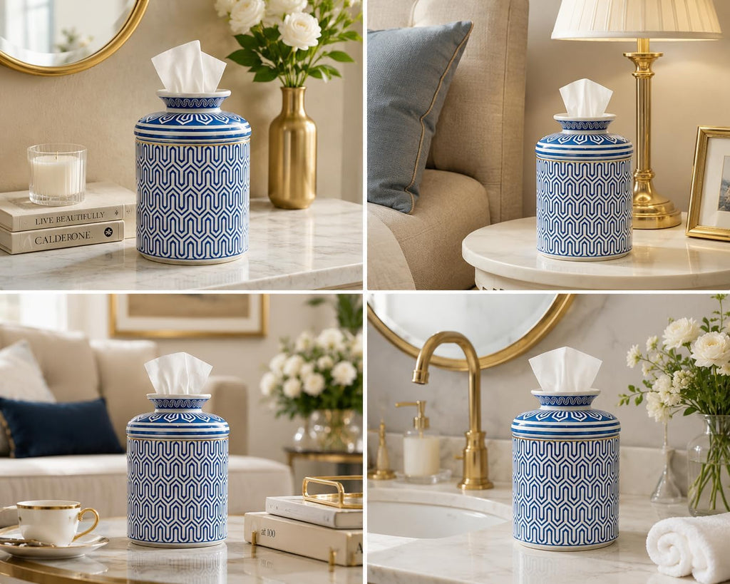 Ceramic Round Tissue Box Cover Aesthetic Tissue Box Holder Decorative for Bathroom, Home Décor,Vanity Countertop,Night Stands,Office Desk-4.9x6.7in,Line B Blue