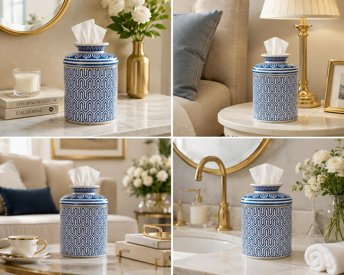 Ceramic Round Tissue Box Cover Aesthetic Tissue Box Holder Decorative for Bathroom, Home Décor,Vanity Countertop,Night Stands,Office Desk-4.9x6.7in,Line B Blue