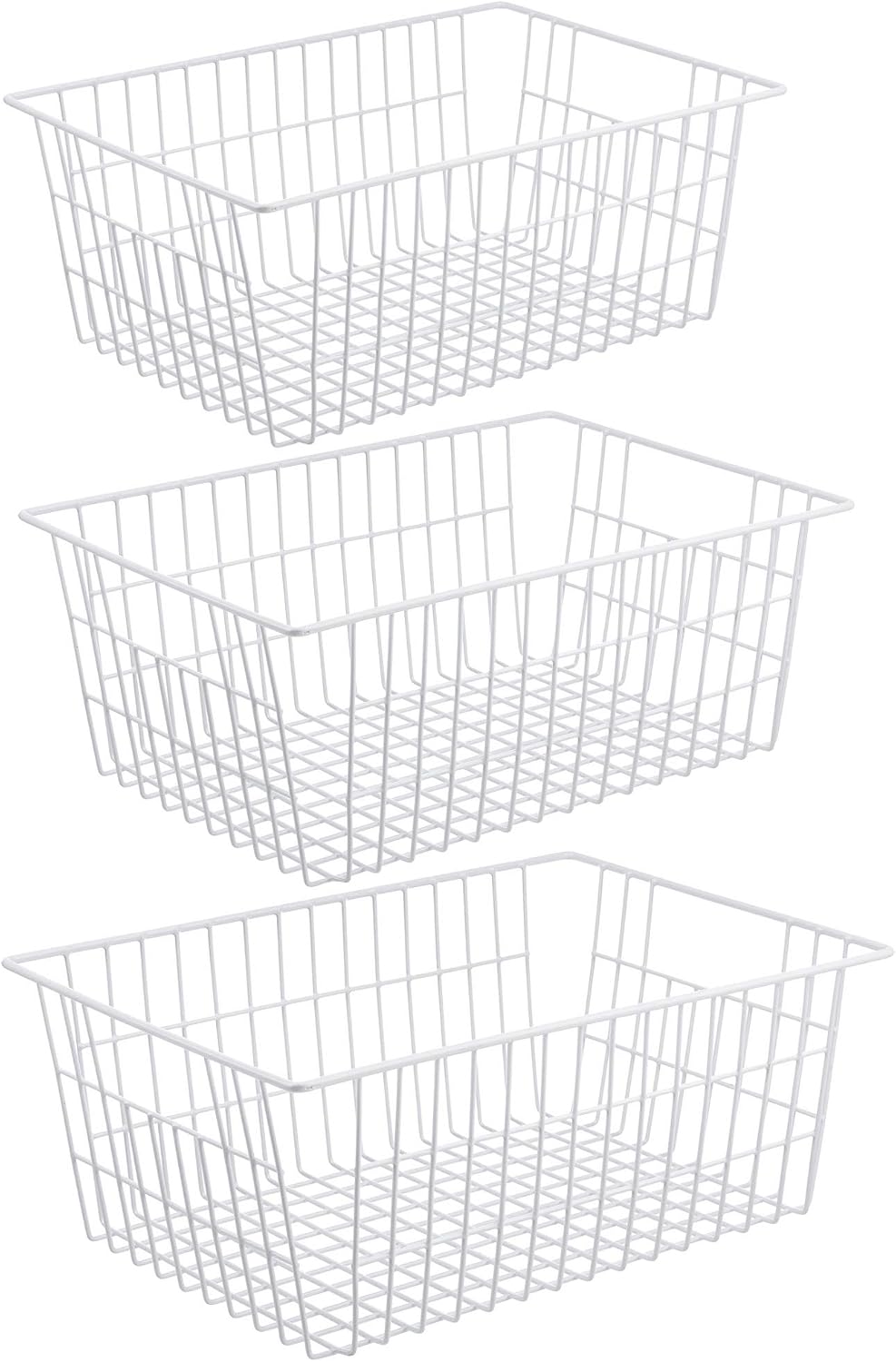 iPEGTOP Wire Freezer Stroage Baskets, 13.4 inch Set of 3 Farmhouse Storage Bins Basket Freezer Storage Organizer Bins with Handles for Kitchen Cabinets, Pantry, Closets, Bedrooms, Bathrooms- White