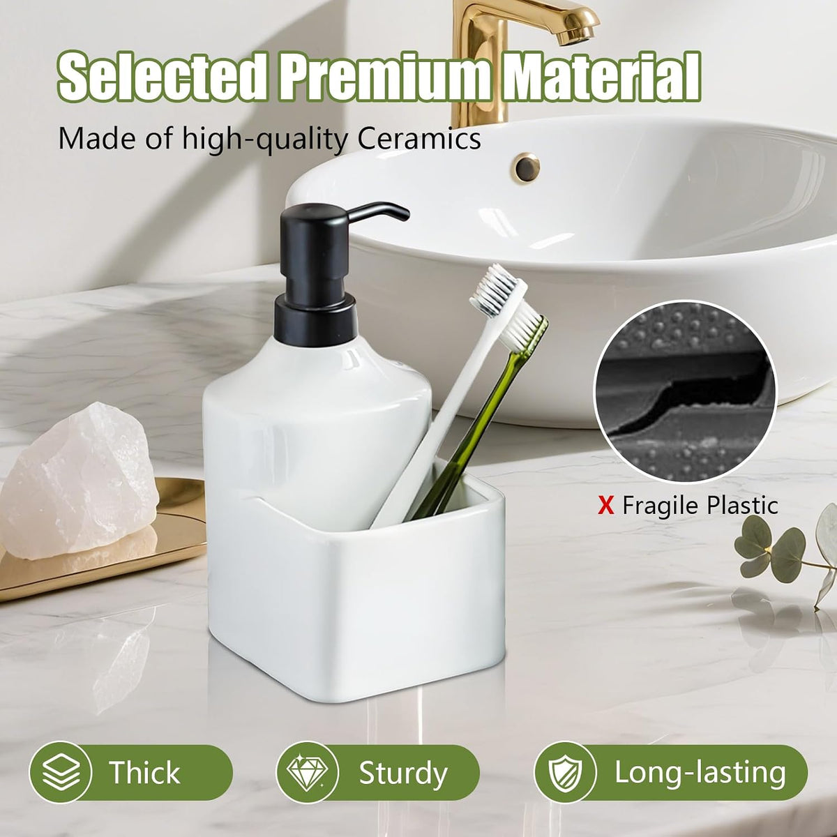 Gets Soap Dispenser White Ceramic Pump Bottle with Storage Holder