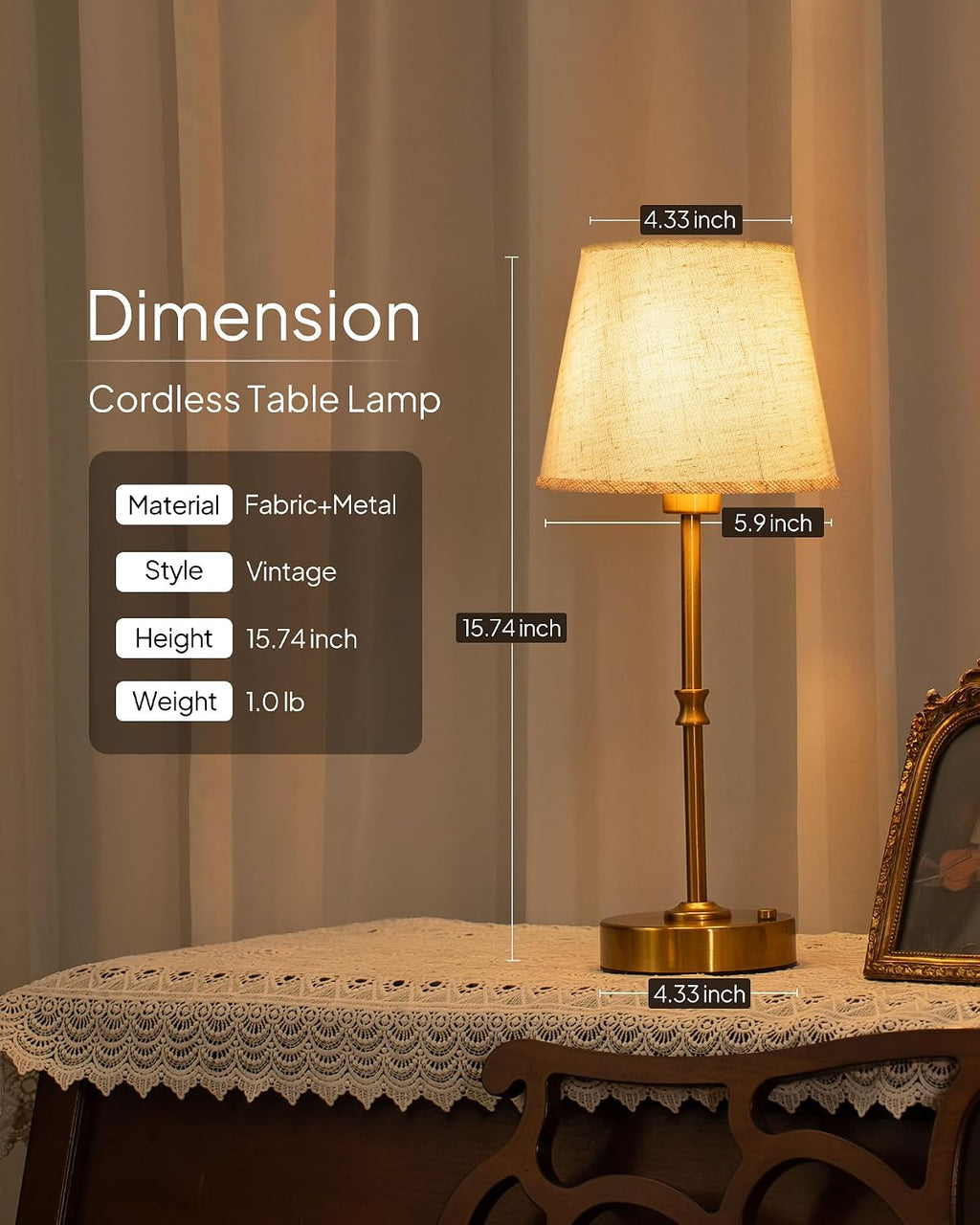 EppieBasic Cordless Table Lamp Rechargeable: Fast Charging & Long Lasting - 2700K Warm Light Small Vintage Gold Side Table Lamps - Dinning Living Room Bedroom - Linen Shade