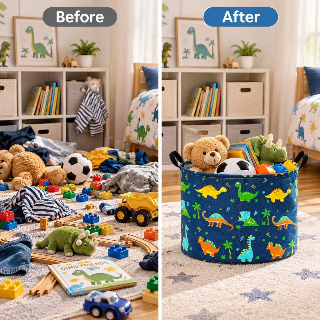 Dinosaur Storage Basket, Large Collapsible Toy Storage Bin with Handles, Cotton Linen Blend Fabric Laundry Basket for Bedroom, Playroom, Nursery, Closet and Home Organization, Navy Blue